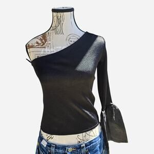 Zara black one shoulder top with silver glitter detail and tie back. Size S